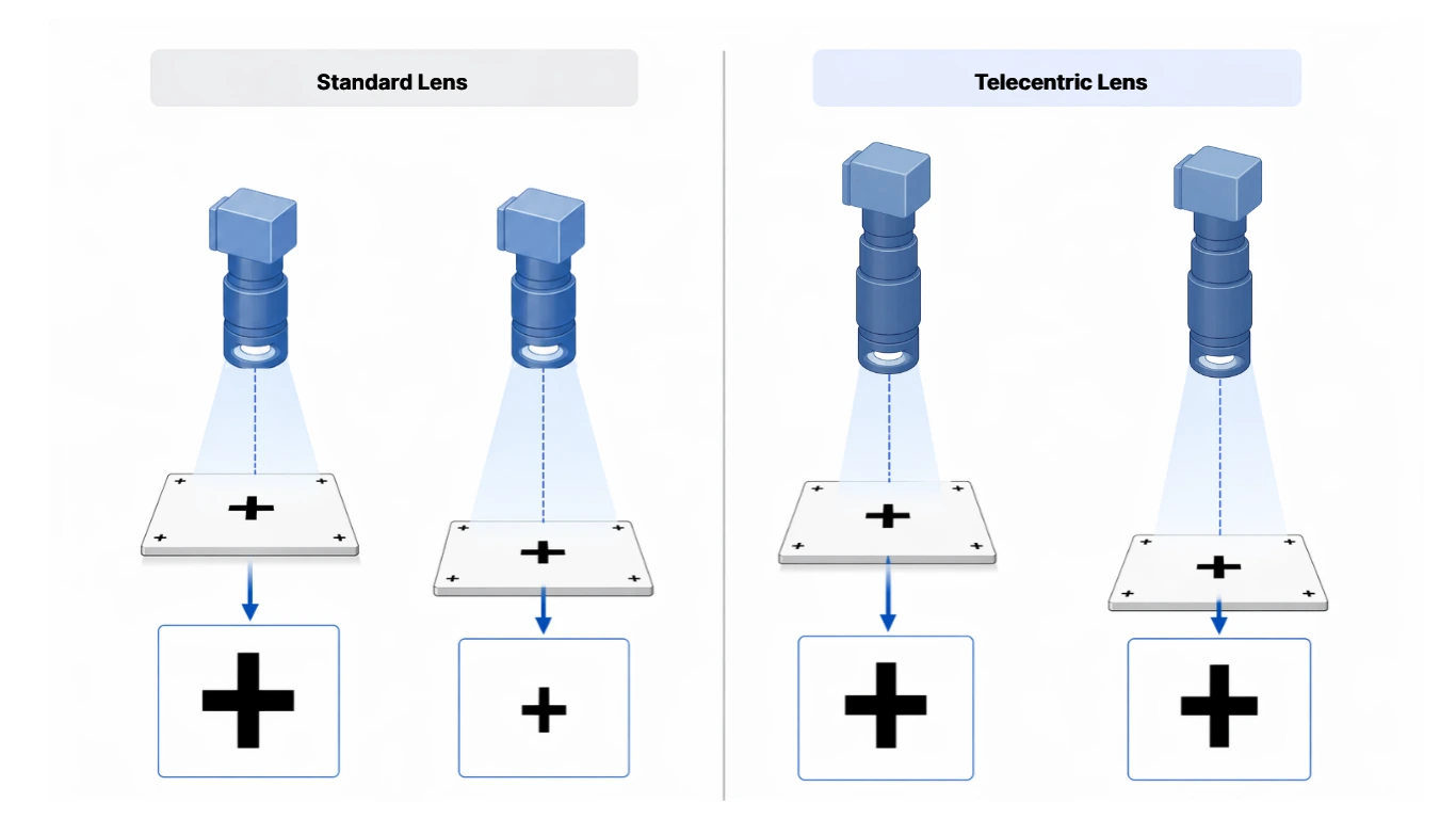 Alignment marks enlarge with stack height under standard lenses due to perspective. Telecentric optics maintain constant magnification, though liquid lenses may introduce slight variation.