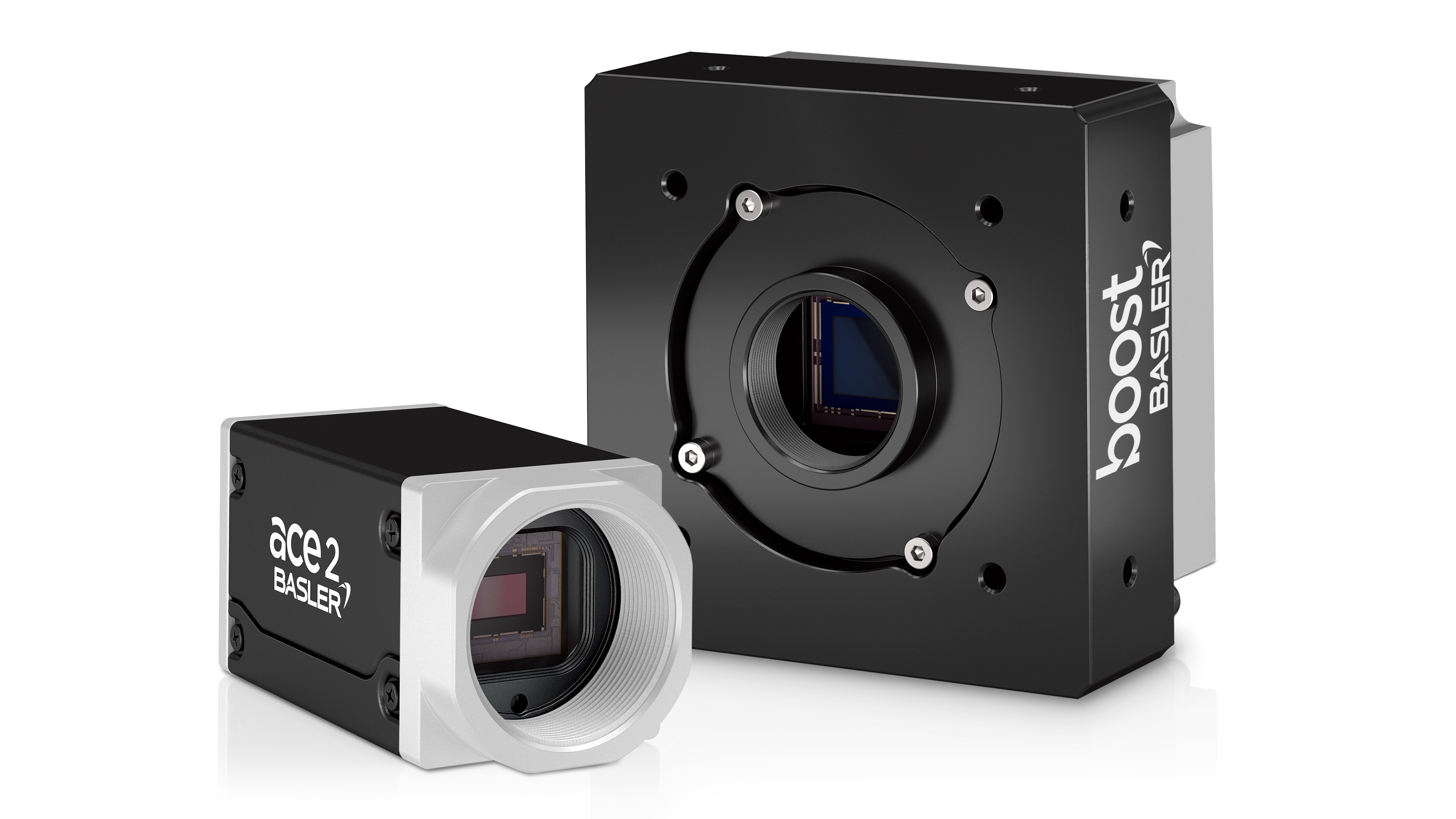 The ace 2 and boost R camera models are available for vision systems with lens and lighting control.