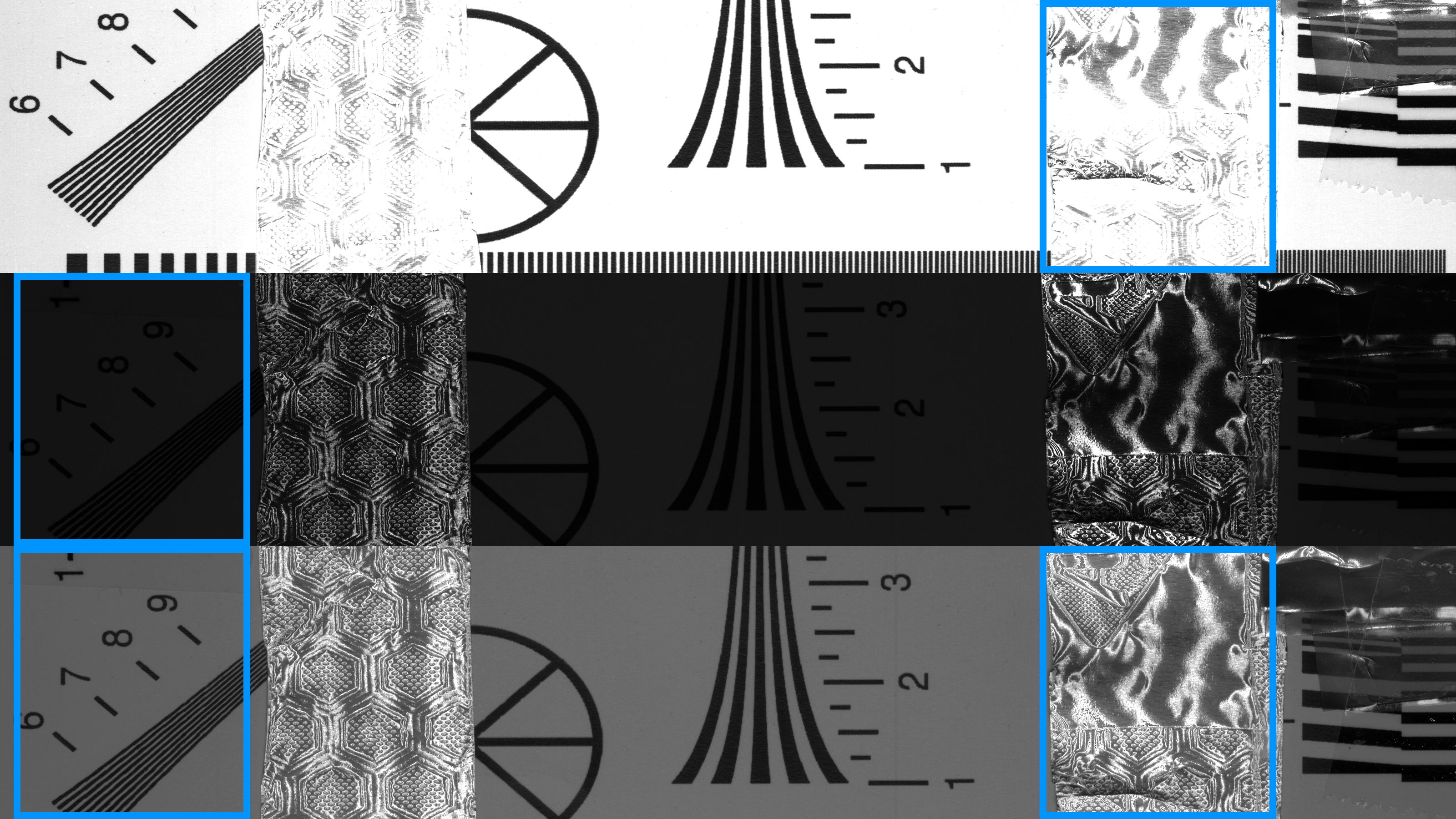 Top: Image with standard dynamic range and overexposed areas. Center: Image with standard dynamic range and dark areas lacking detail. Below: HDR image with a high dynamic range of approx. 100 dB and better detail reproduction.