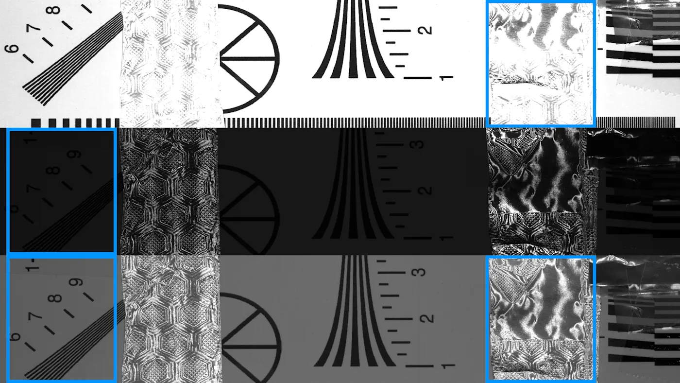 Top: Image with standard dynamic range and overexposed areas. Center: Image with standard dynamic range and dark areas lacking detail. Below: HDR image with a high dynamic range of approx. 100 dB and better detail reproduction.