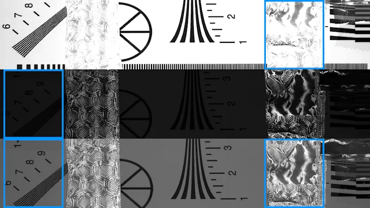 Top: Image with standard dynamic range and overexposed areas. Center: Image with standard dynamic range and dark areas lacking detail. Below: HDR image with a high dynamic range of approx. 100 dB and better detail reproduction.