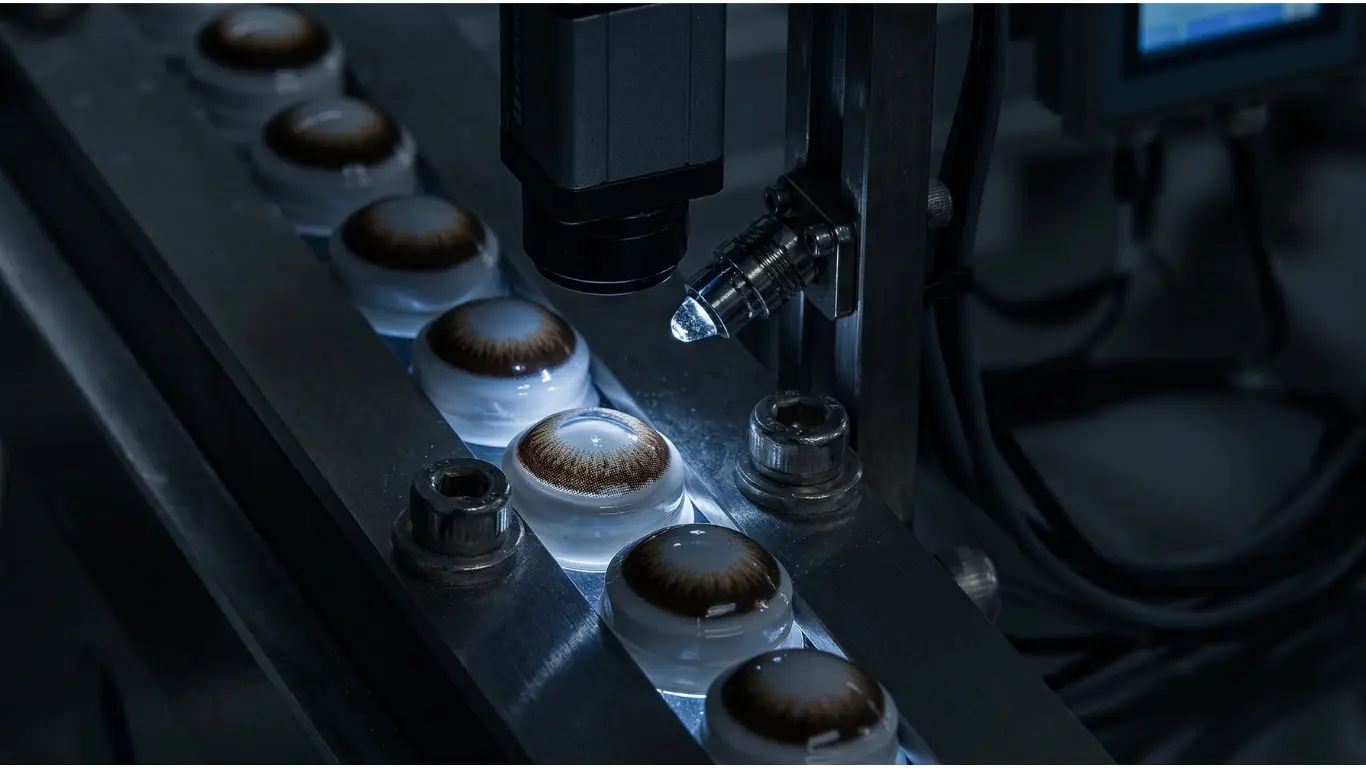 고속 콘택트렌즈 대량 생산 공정에서는 일관된 제품 품질을 확보하기 위해 신뢰성 높은 자동 검사 시스템이 필수적입니다.