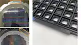 Wafer semiconduttore con etichetta con codice a barre e schema dei chip tagliati (a sinistra); vassoio in plastica per chip con codice di identificazione del componente inciso al laser (a destra).